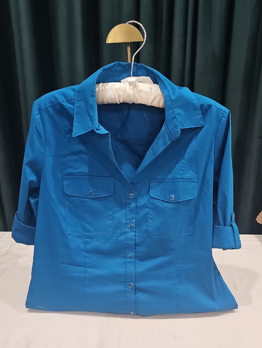 Women's Bright Teal Blue Button-Down Shirt with Chest Pockets